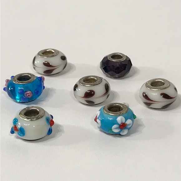925 Sterling Silver Lampwork Art Glass Pandora Style Beads Lot Set 7 Charms - Picture 3 of 7
